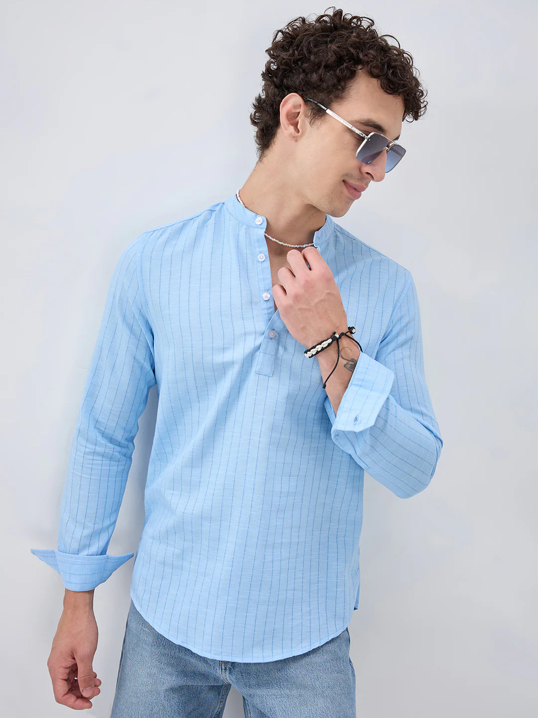 Baby Blue Ladder Striped Subtle Textured Kurta - Image 4