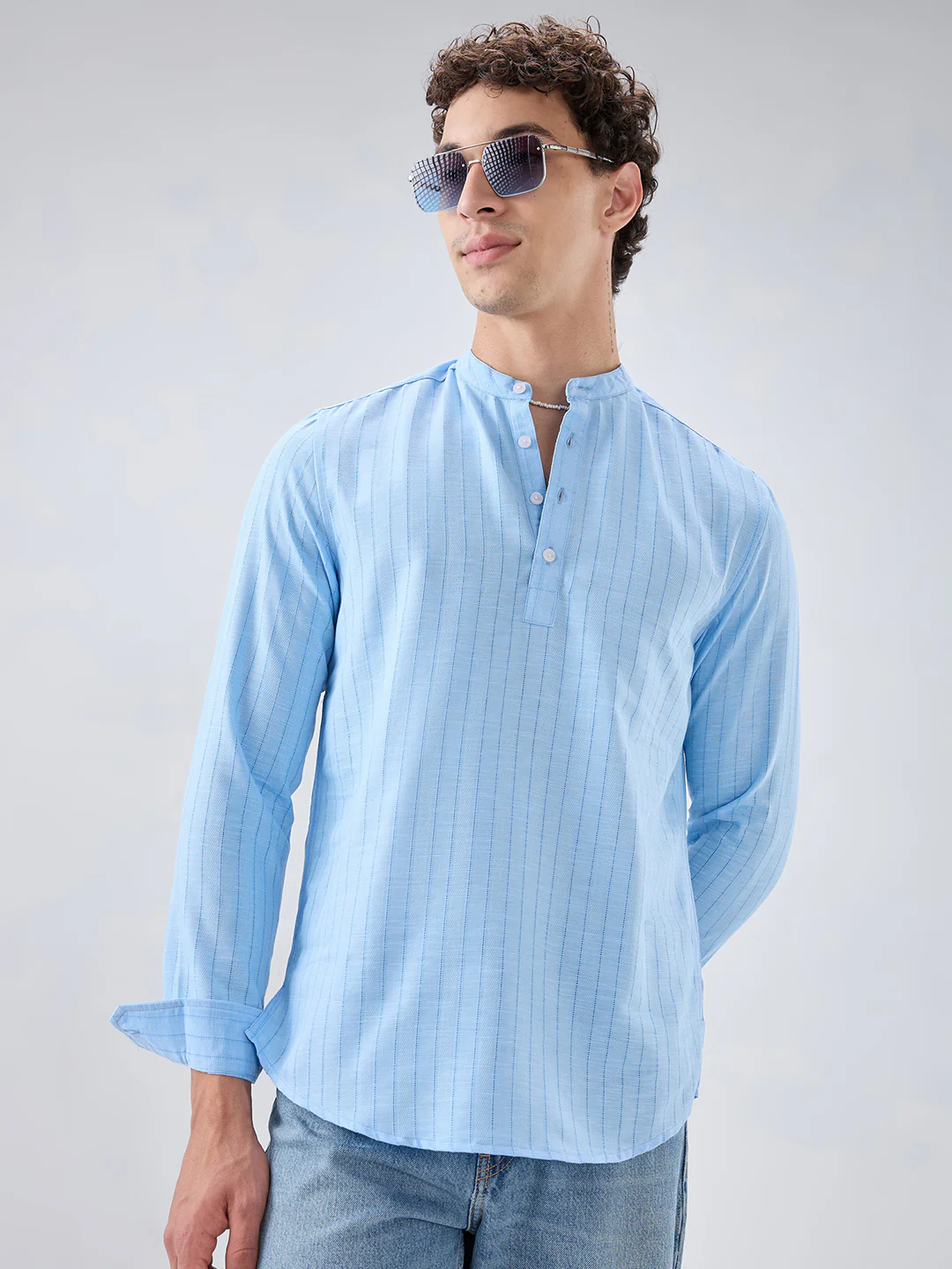 Baby Blue Ladder Striped Subtle Textured Kurta - Image 5