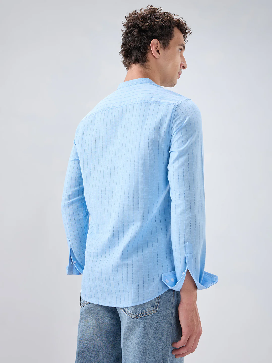 Baby Blue Ladder Striped Subtle Textured Kurta - Image 7