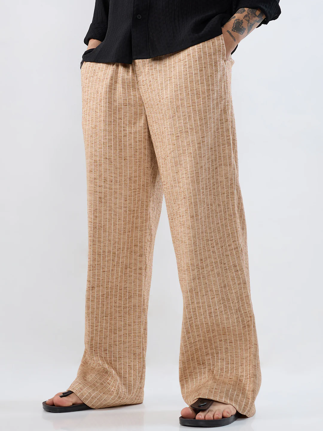 Beige Pinstripe Wide-Leg Trousers - Image 2
