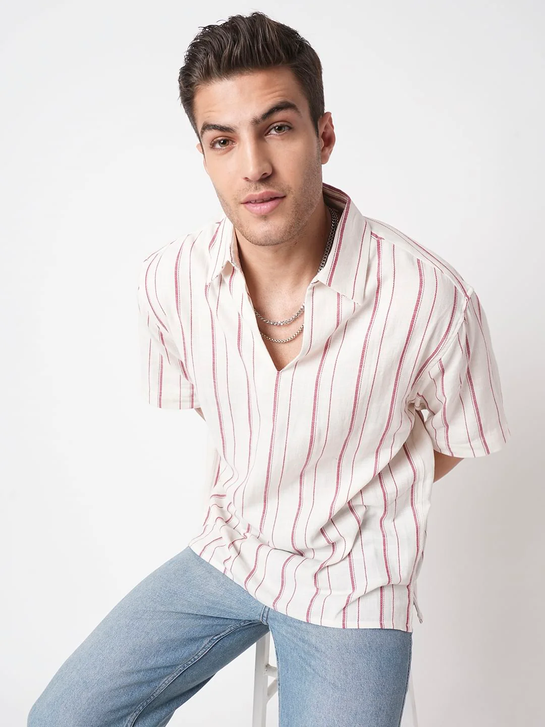 Berry Red & Off-White Striped Oversized Polo Shirt