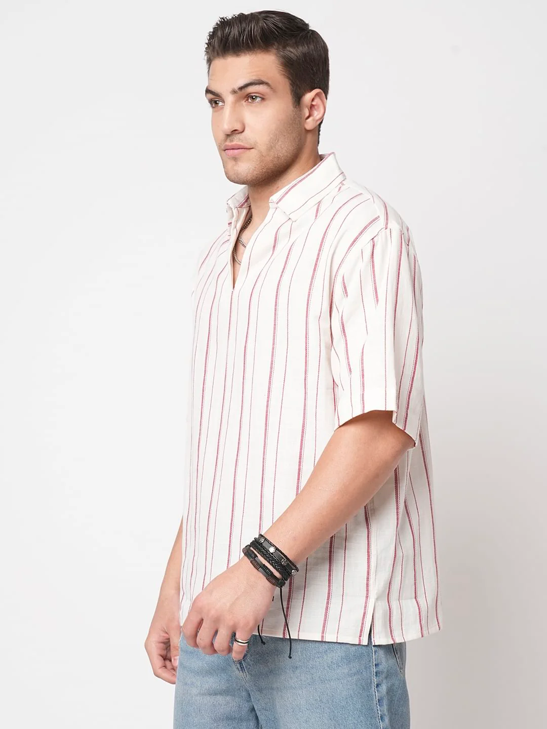 Berry Red & Off-White Striped Oversized Polo Shirt - Image 6