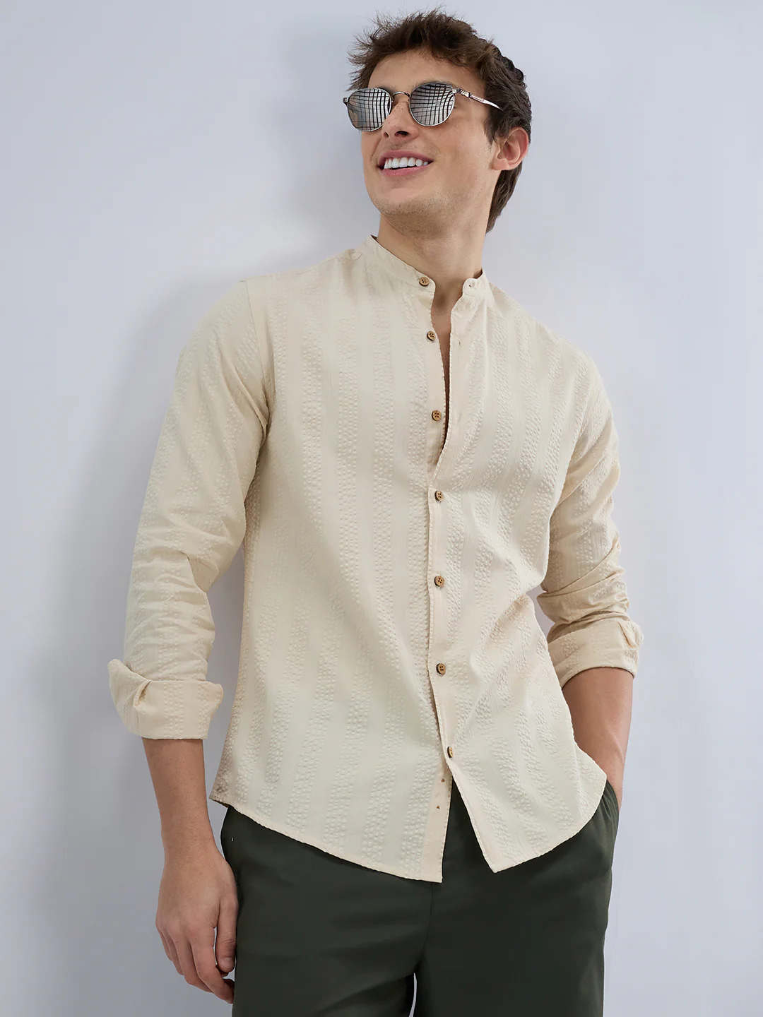 Bisque Beige Seersucker Striped Mandarin Shirt
