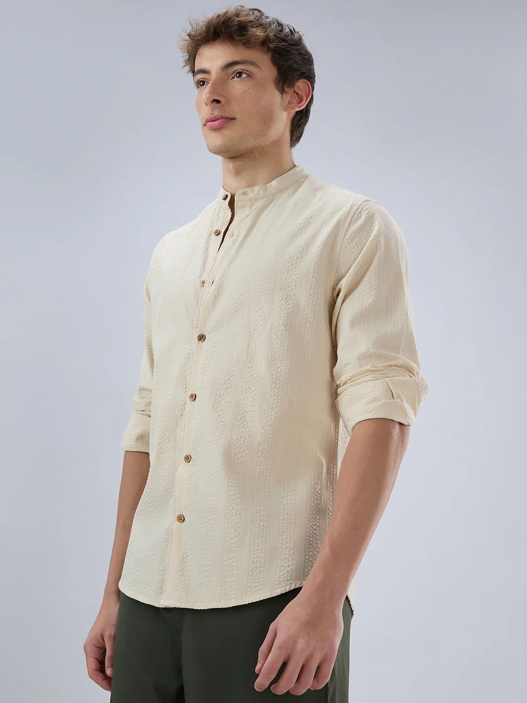 Bisque Beige Seersucker Striped Mandarin Shirt - Image 6
