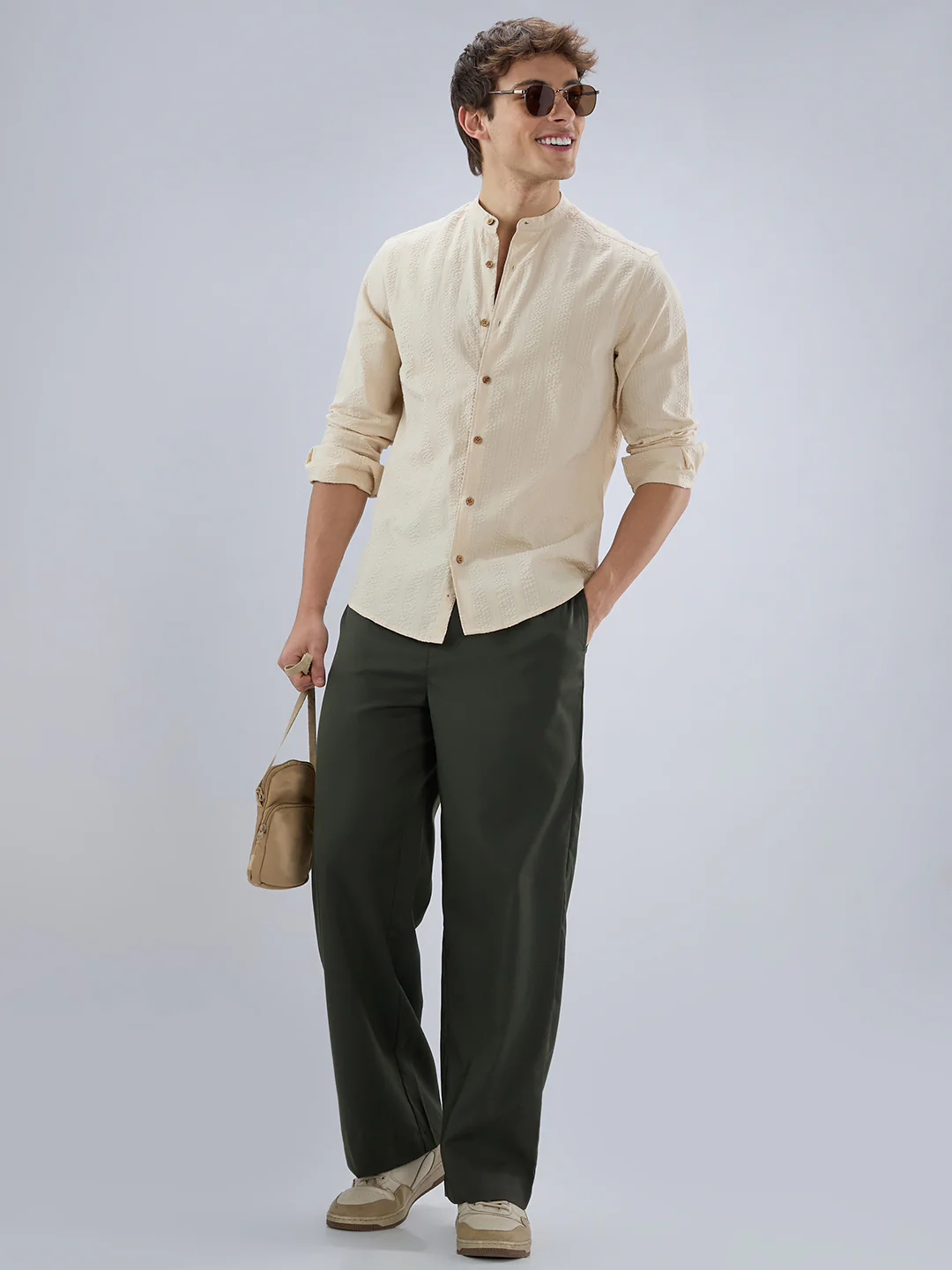 Bisque Beige Seersucker Striped Mandarin Shirt - Image 8
