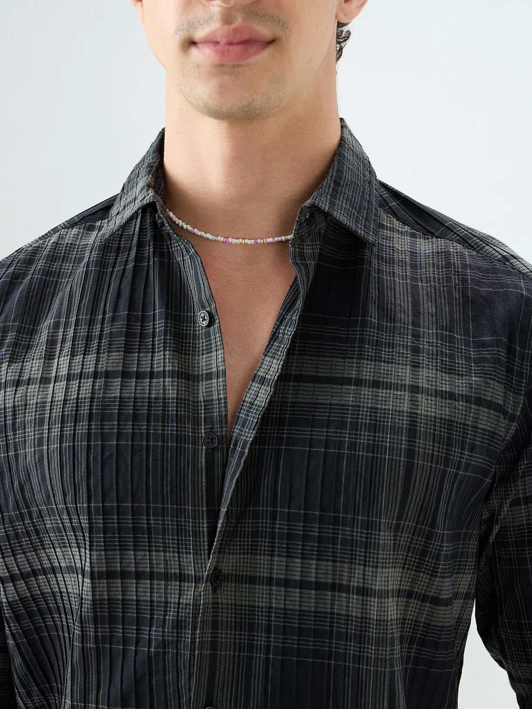 Black & Olive Plaid Checks Textured Shirt - Image 3
