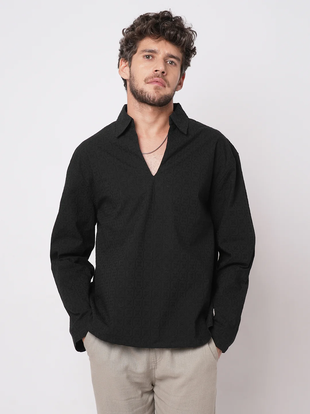 Black Petal Grid Embroidered Polo Neck Oversized Shirt - Image 4