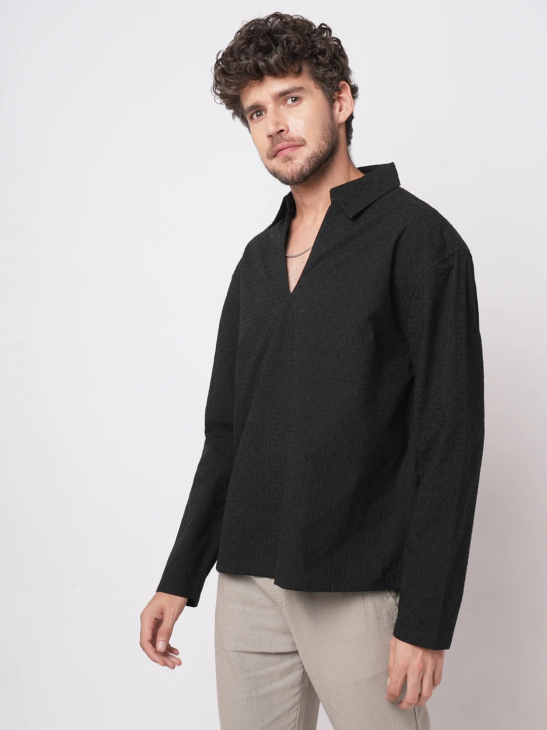 Black Petal Grid Embroidered Polo Neck Oversized Shirt - Image 5