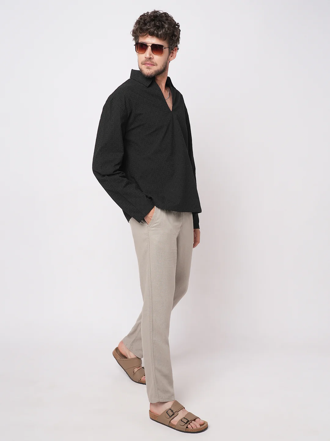 Black Petal Grid Embroidered Polo Neck Oversized Shirt - Image 7