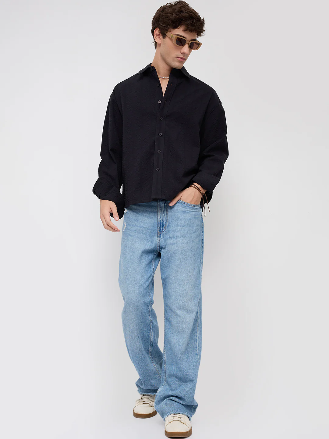 Black Seersucker Striped Boxy Fit Crop Shirt - Image 9