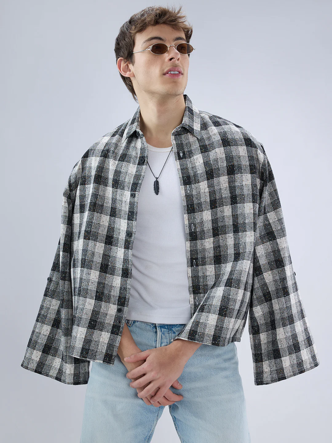 Black & White Textured Interweave Boxy Fit Crop Shirt