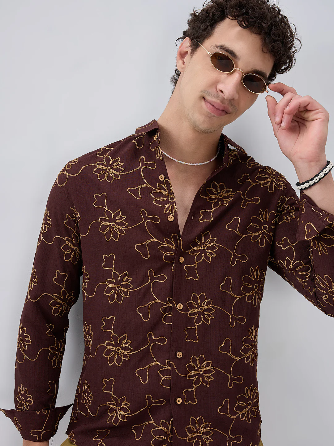 Brown Slub Textured Floral Contrast Embroidered Shirt - Image 2