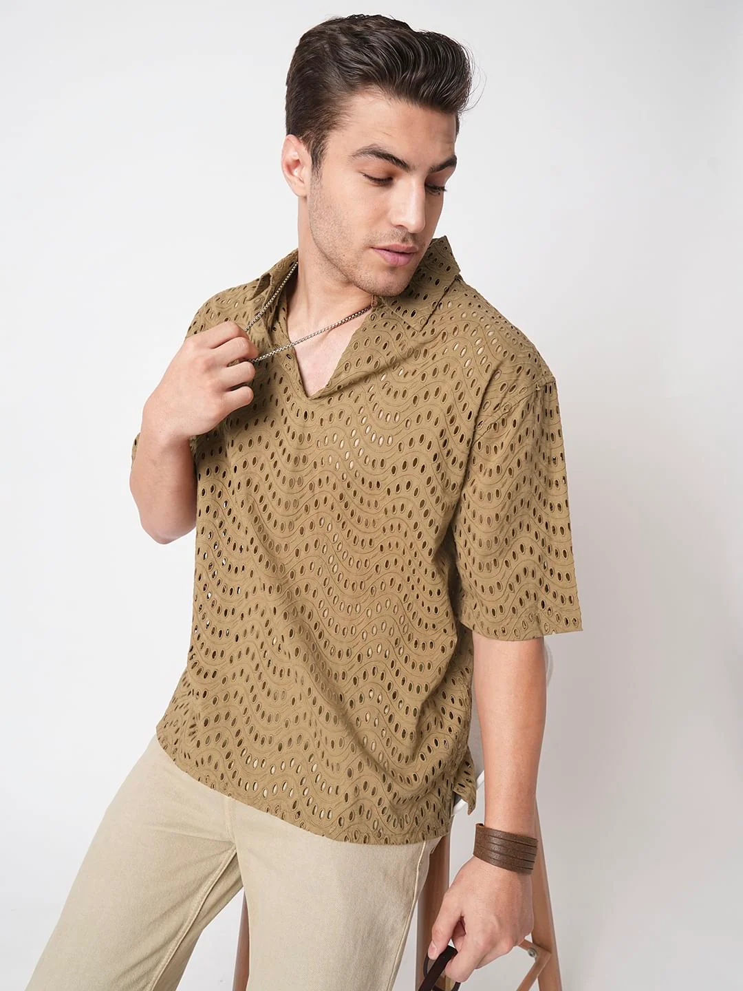 Camel Beige Curved Schiffli Oversized Polo Shirt - Image 2