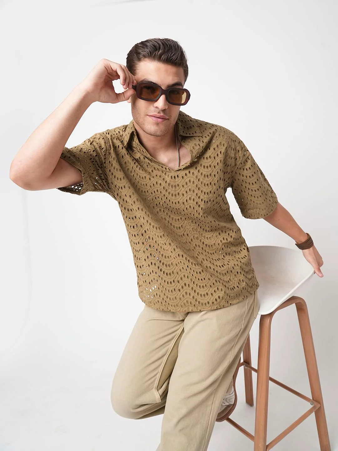 Camel Beige Curved Schiffli Oversized Polo Shirt - Image 4