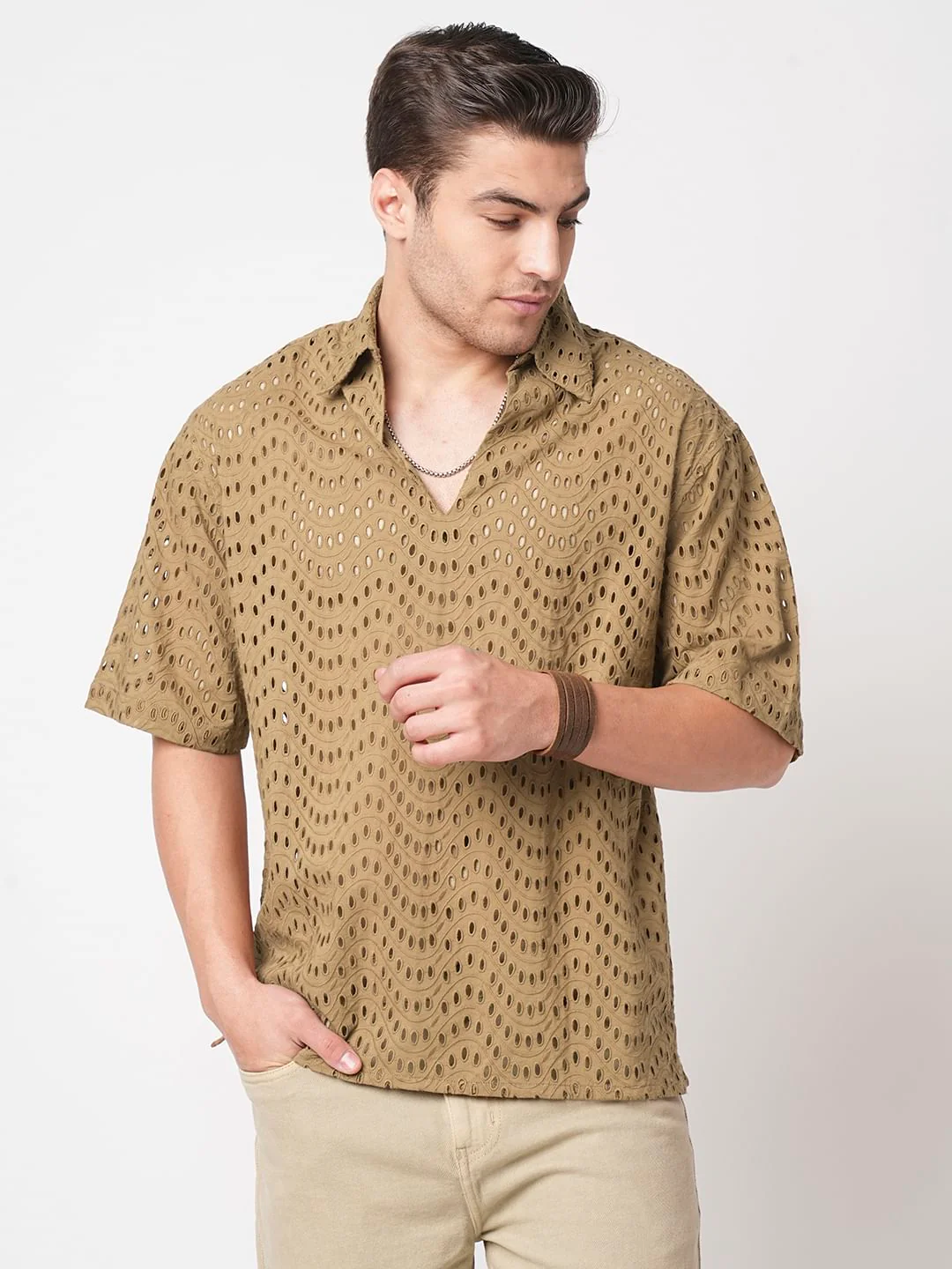 Camel Beige Curved Schiffli Oversized Polo Shirt - Image 5