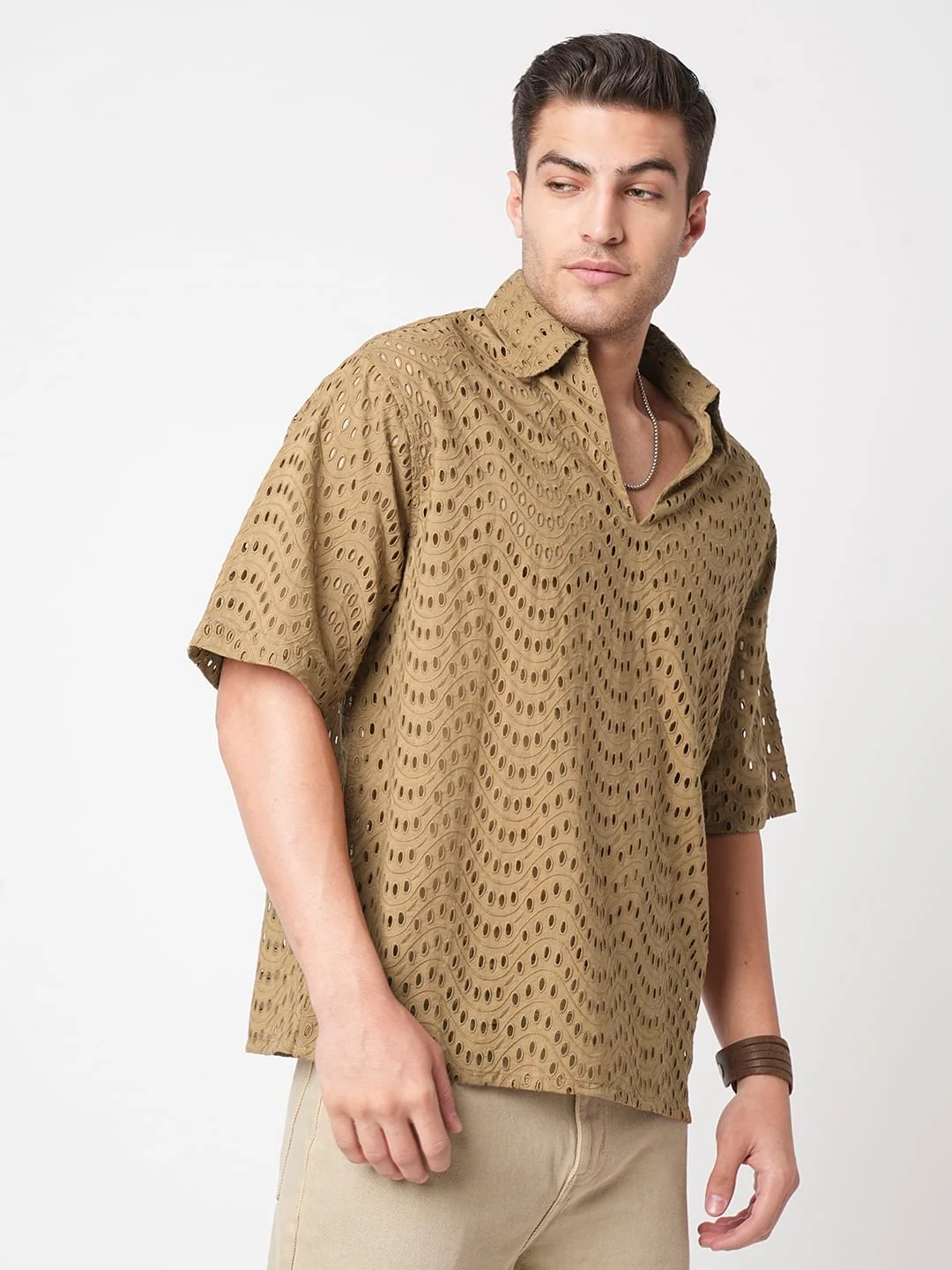 Camel Beige Curved Schiffli Oversized Polo Shirt - Image 6