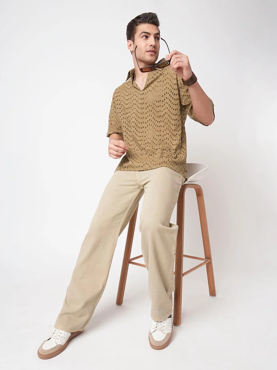 Camel Beige Curved Schiffli Oversized Polo Shirt - Image 8