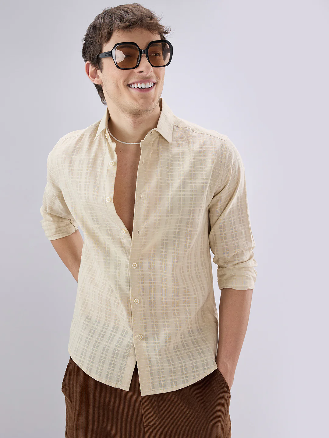 Casual Beige Textured Striped Shirt - Image 2