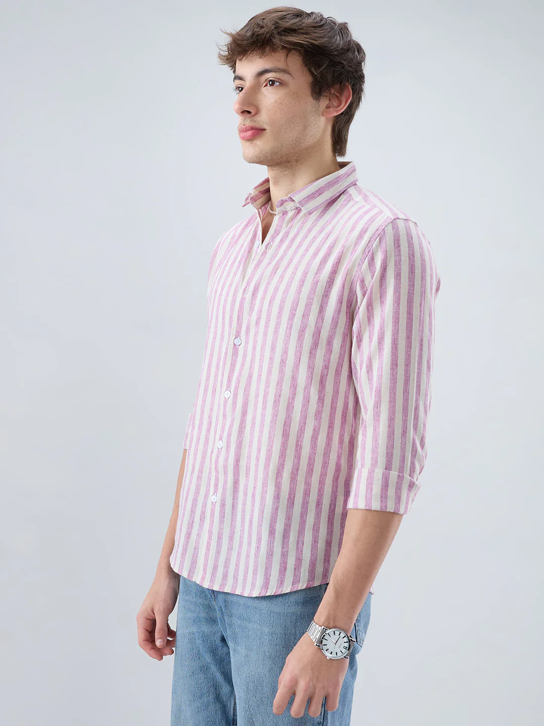 Cerise Pink & Ivory Balanced Striped Linen Blend Shirt - Image 6
