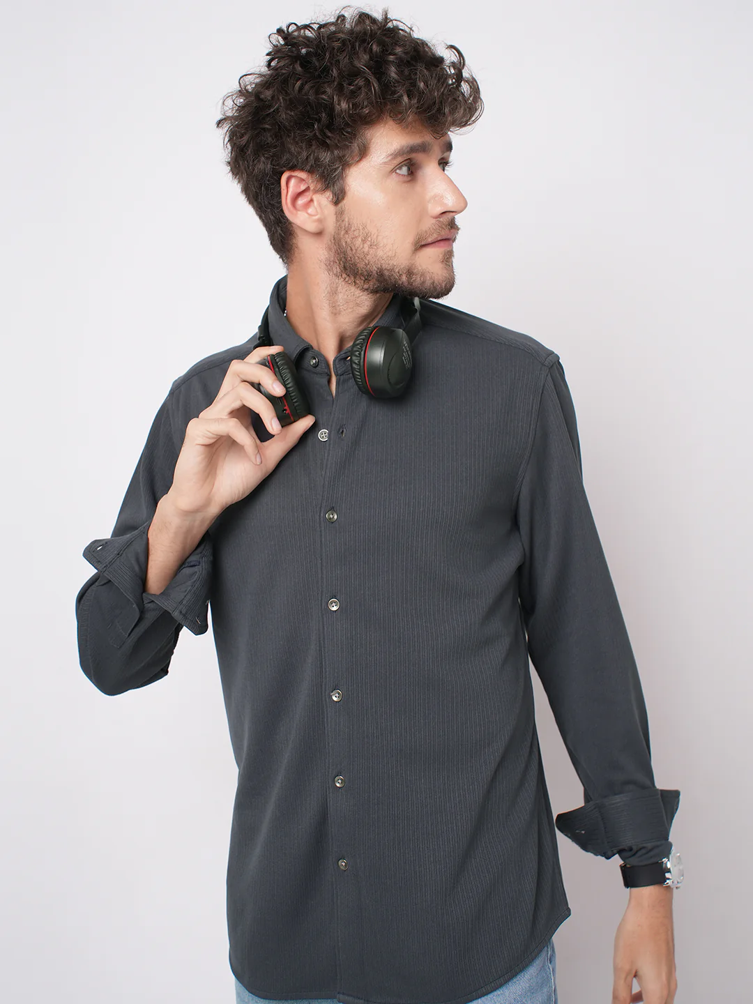 Charcoal Grey Serene Pinstripe Knitted Shirt - Image 2