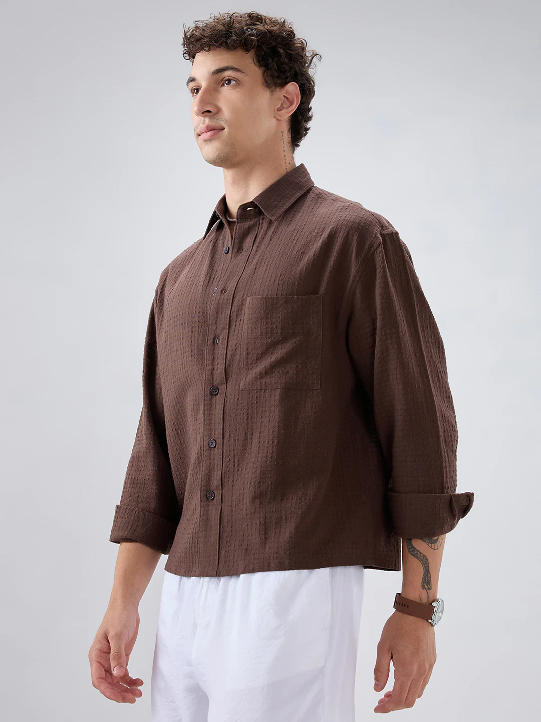 Chocolate Brown Micro Box Textured Boxy Fit Crop Shirt - Image 6