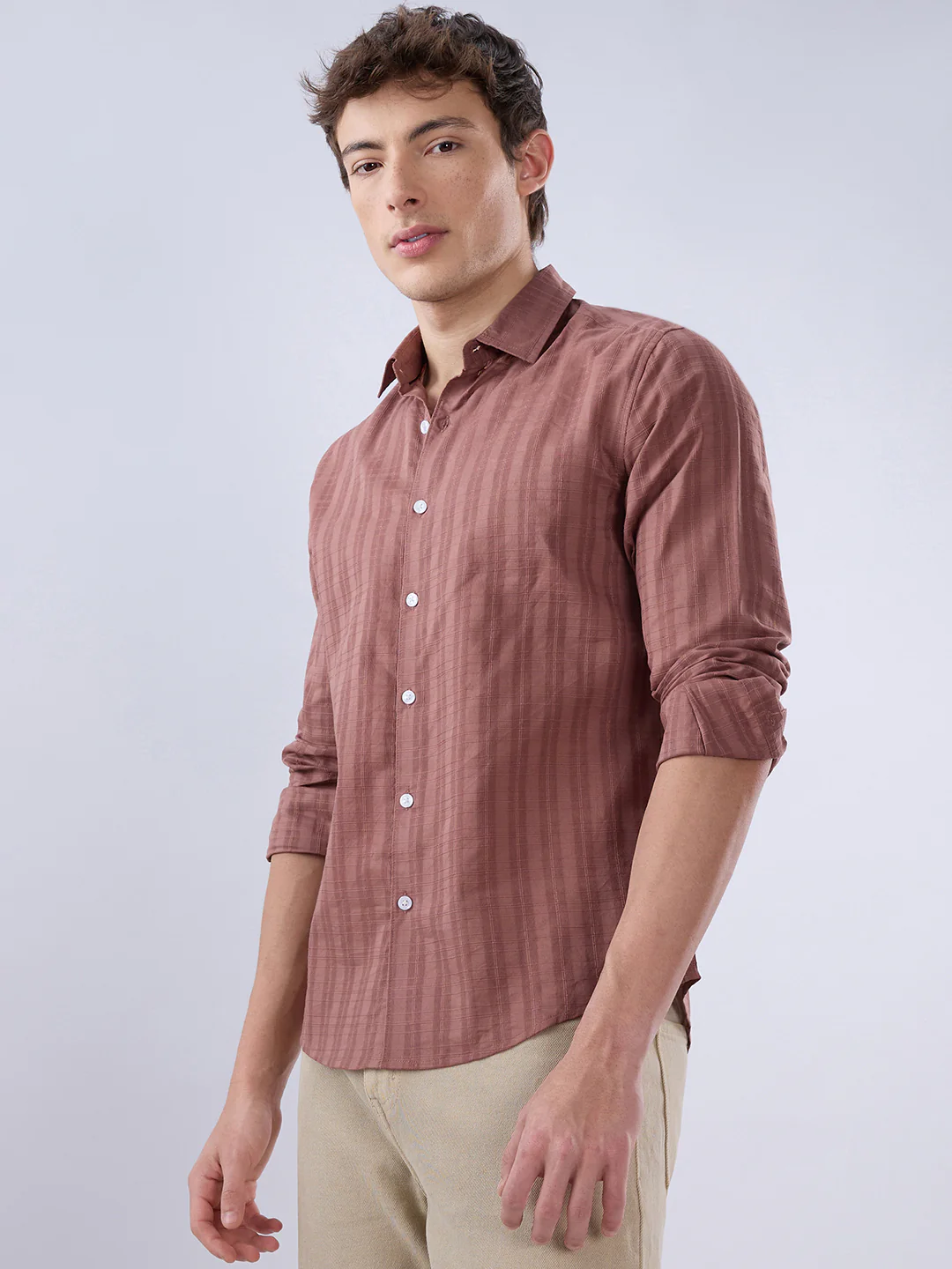 Cinnamon Brown Textured Striped Shirt - Image 5