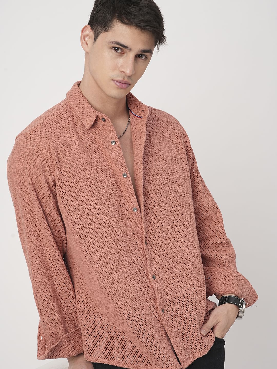 Classic Coral Crochet Cropped Shirt - Image 4