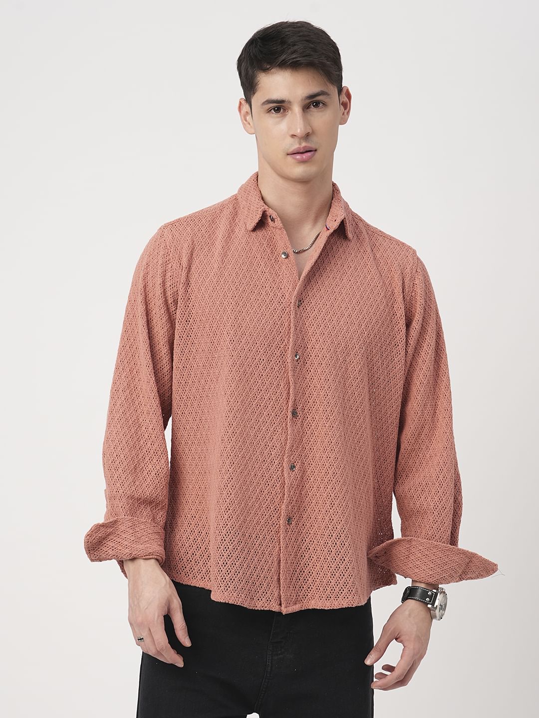 Classic Coral Crochet Cropped Shirt - Image 5