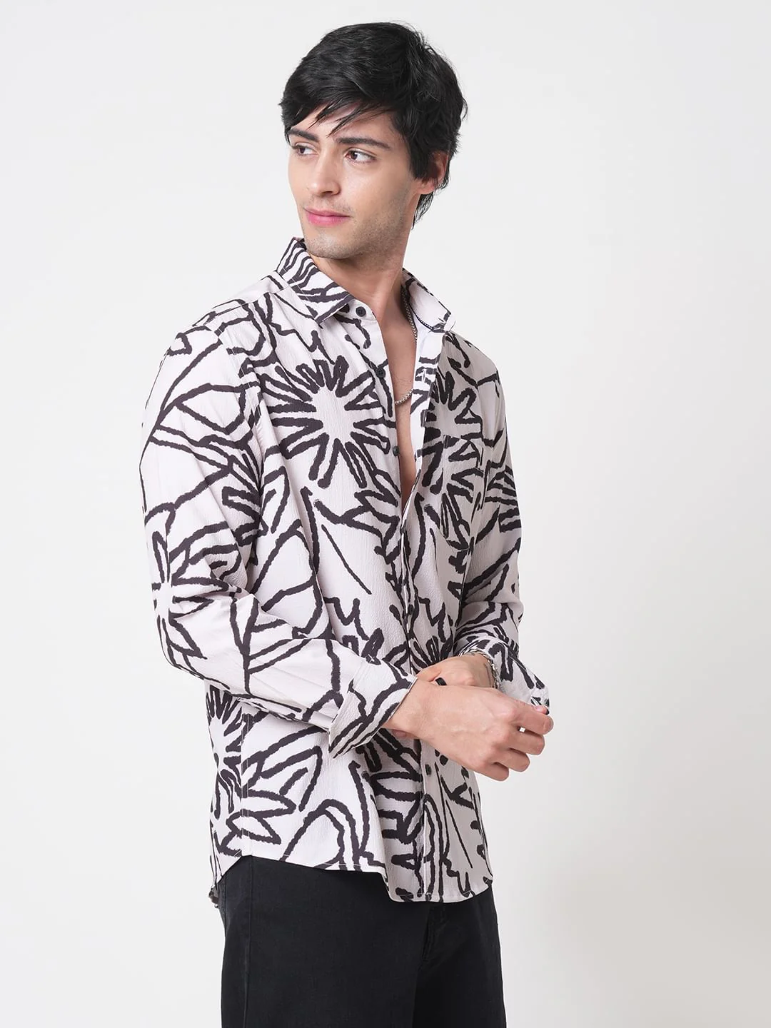 Cream & Black Abstract Printed Creased Shirt - Image 7