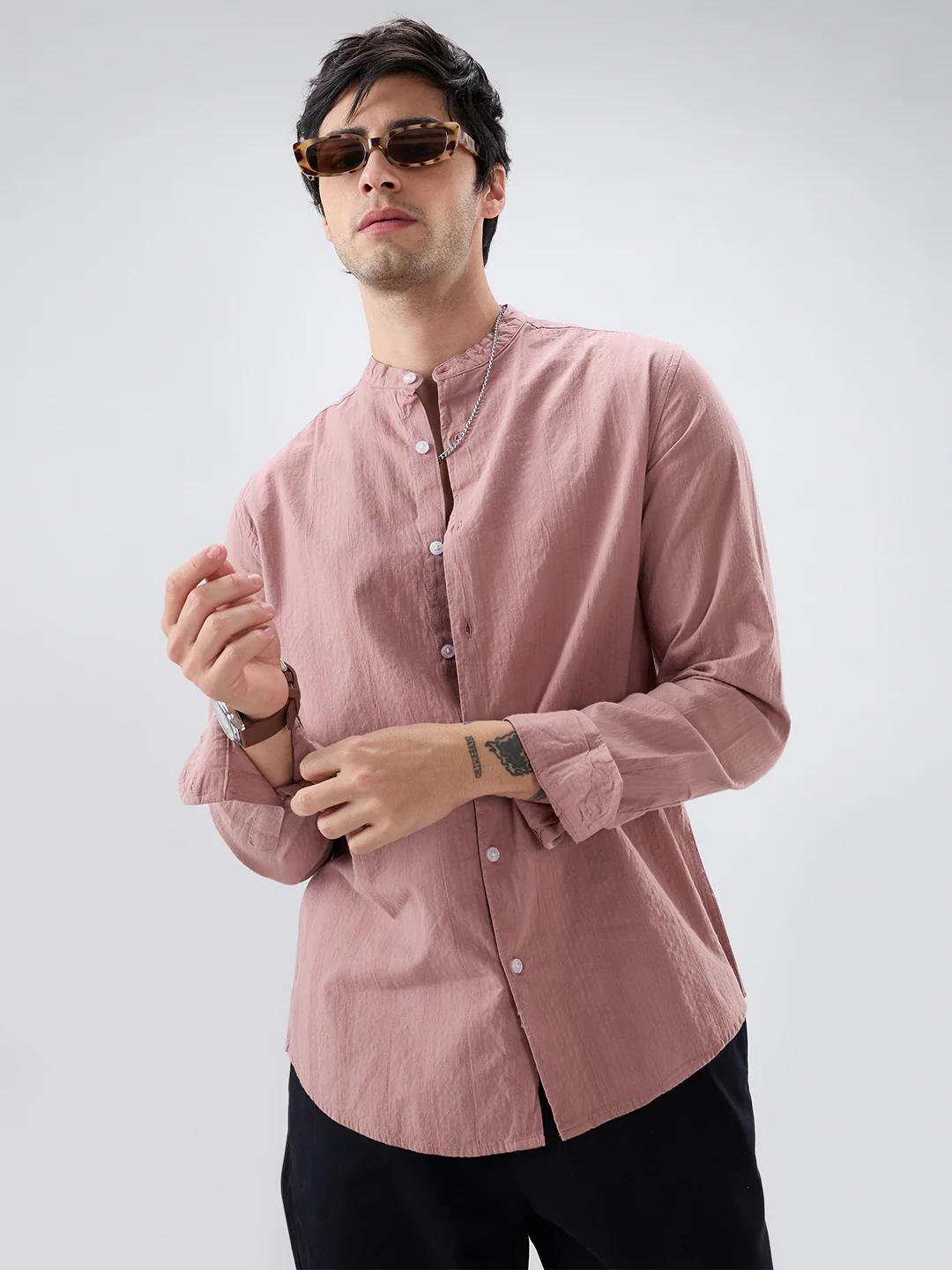 Deep Peach Seersucker Striped Mandarin Shirt - Image 2