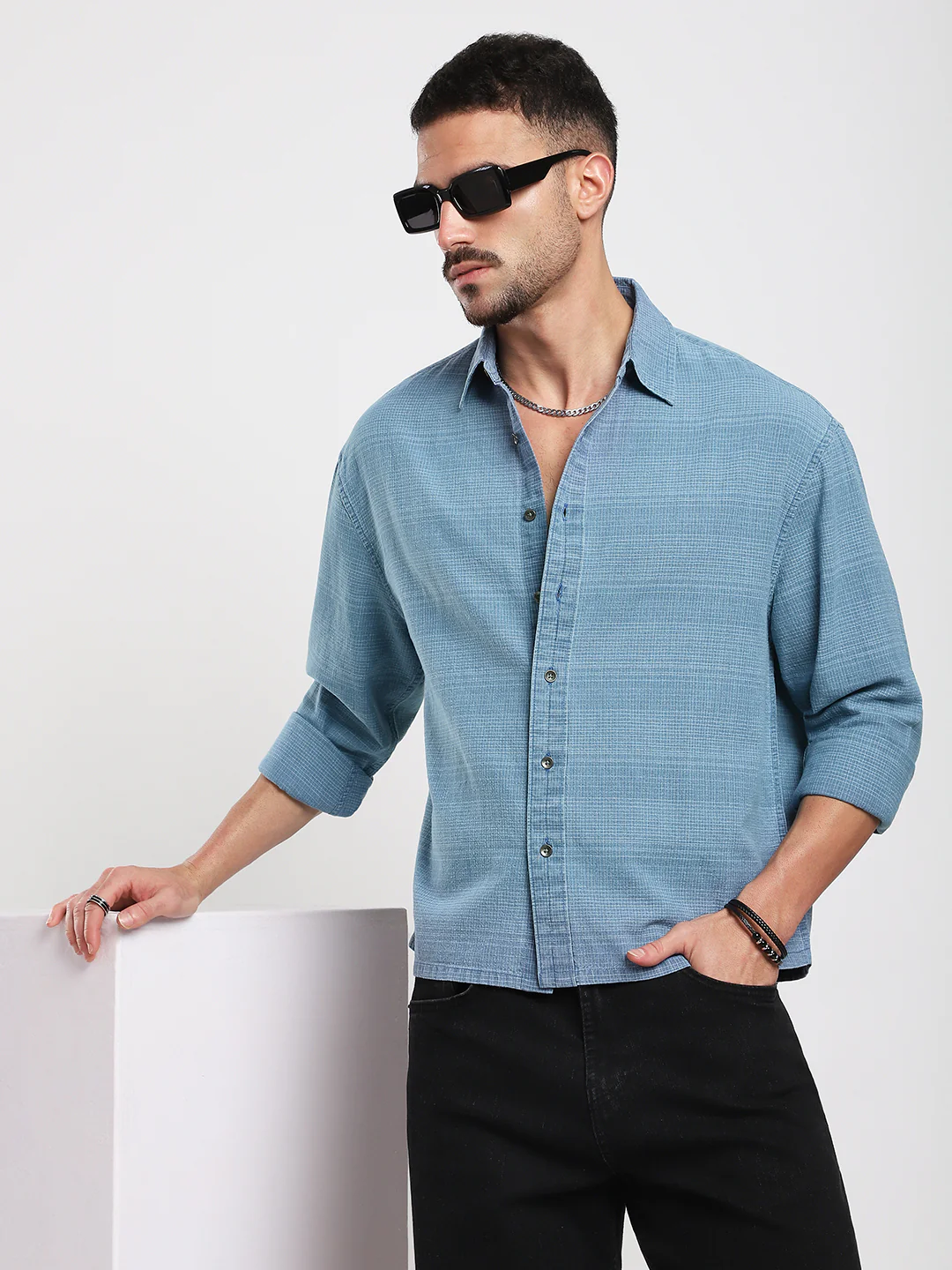 Denim Blue Crosshatch Textured Boxy Fit Crop Shirt - Image 4