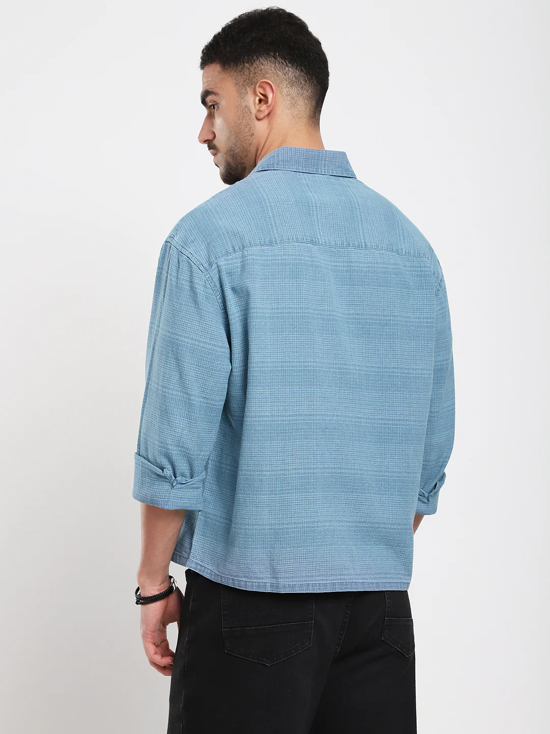 Denim Blue Crosshatch Textured Boxy Fit Crop Shirt - Image 7