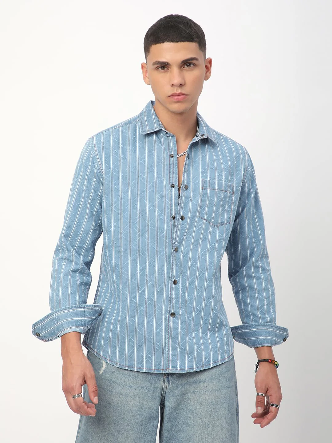 Denim Ditsy Laser Cut Lozenge Striped Shirt - Image 5