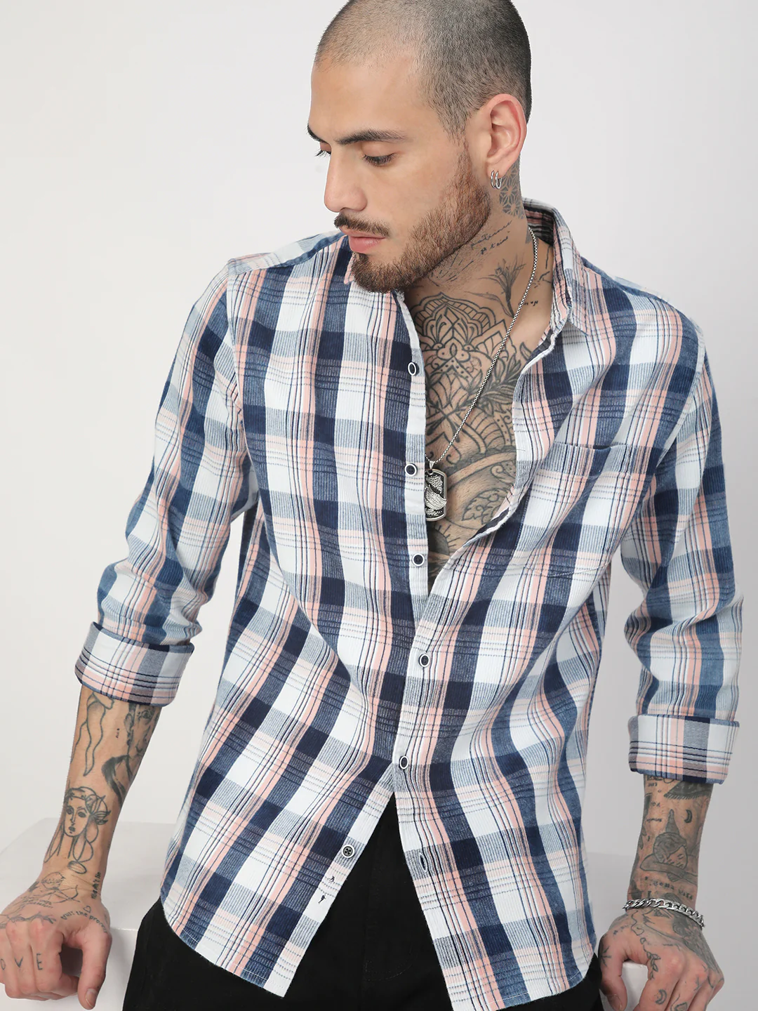 Denim Peach & Navy Plaid Checks Shirt - Image 2