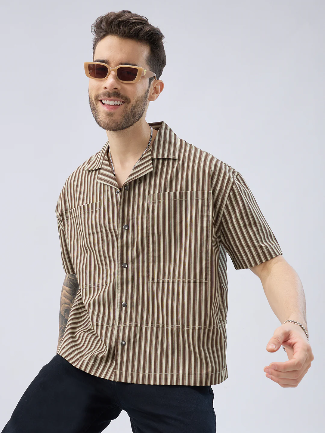Desert Brown Contrast Striped Twin Pocket Oversized Crop Shirt