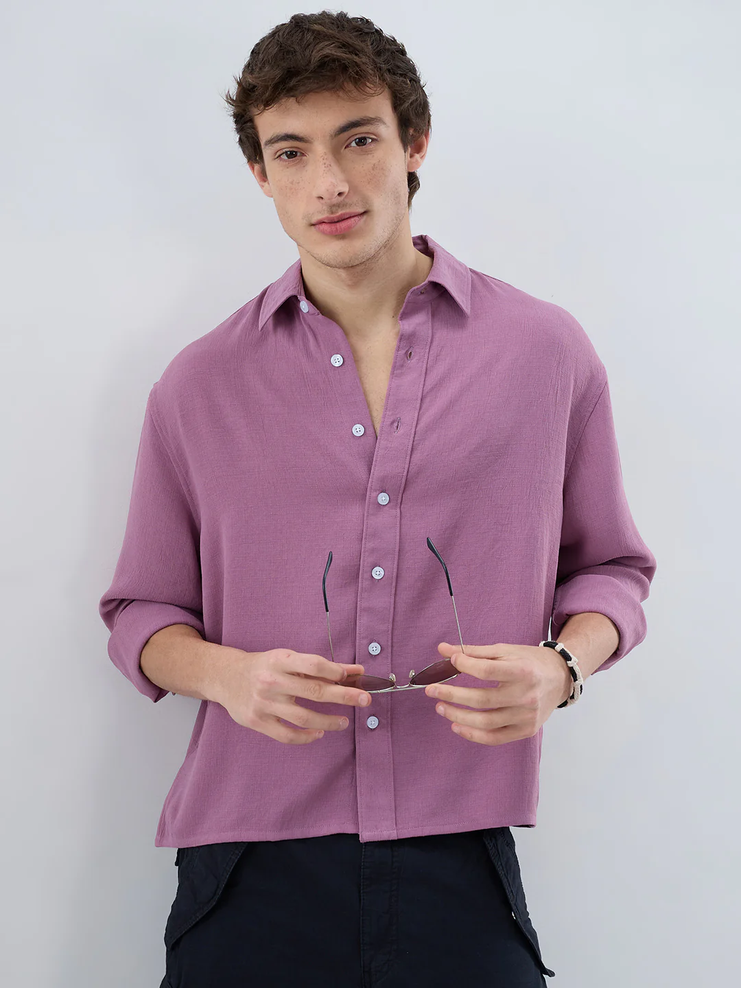 Dust Rose Blush Fine Grid Textured Boxy Fit Crop Shirt