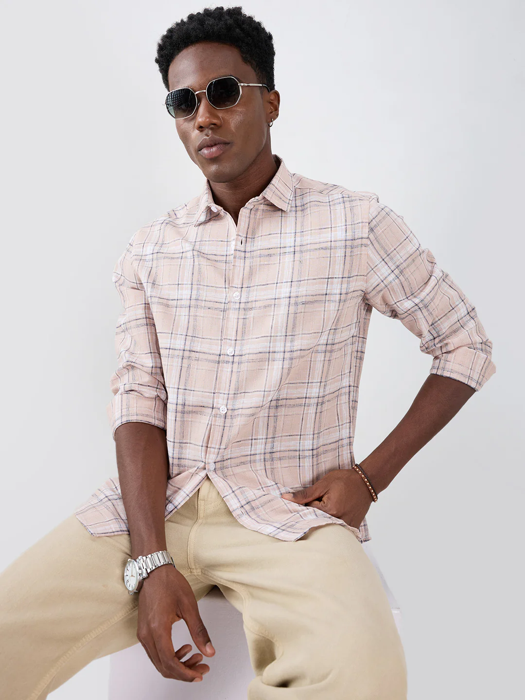 Dusty Pink Contrast Plaid Checks Textured Shirt - Image 2