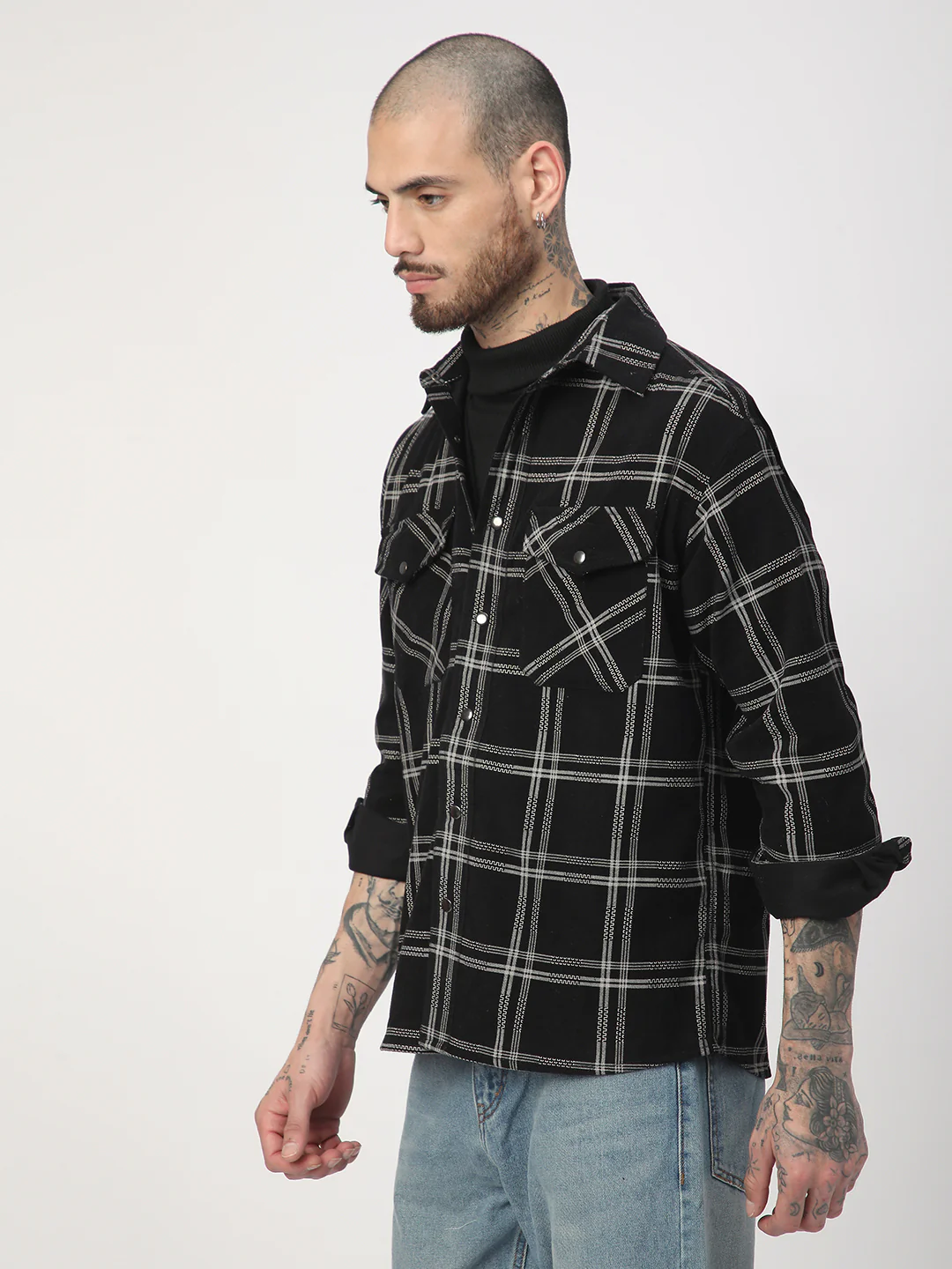 Elan Black Checks Double Flap Pocket Corduroy Overshirt - Image 6