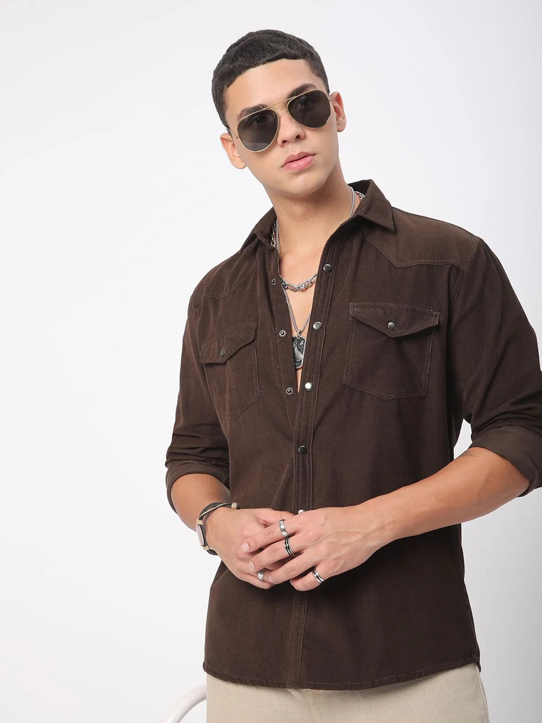 Finesse Umber Brown Double Flap Pocket Corduroy Overshirt - Image 2