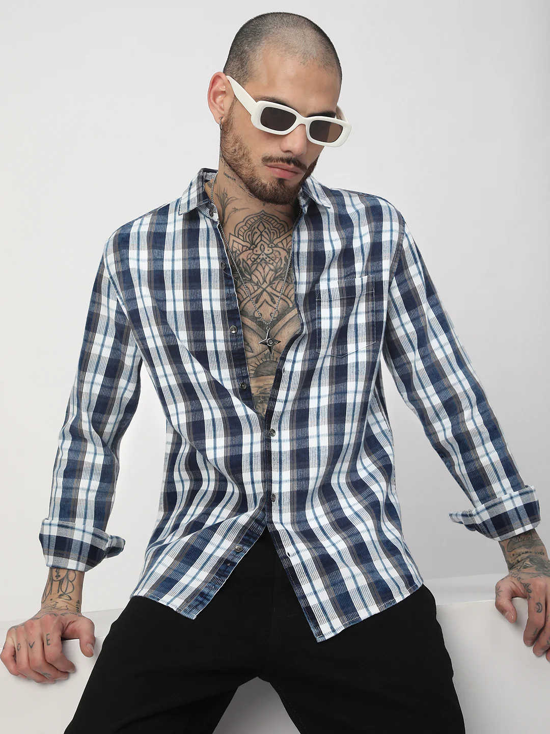 Denim Grey & Navy Plaid Checks Shirt
