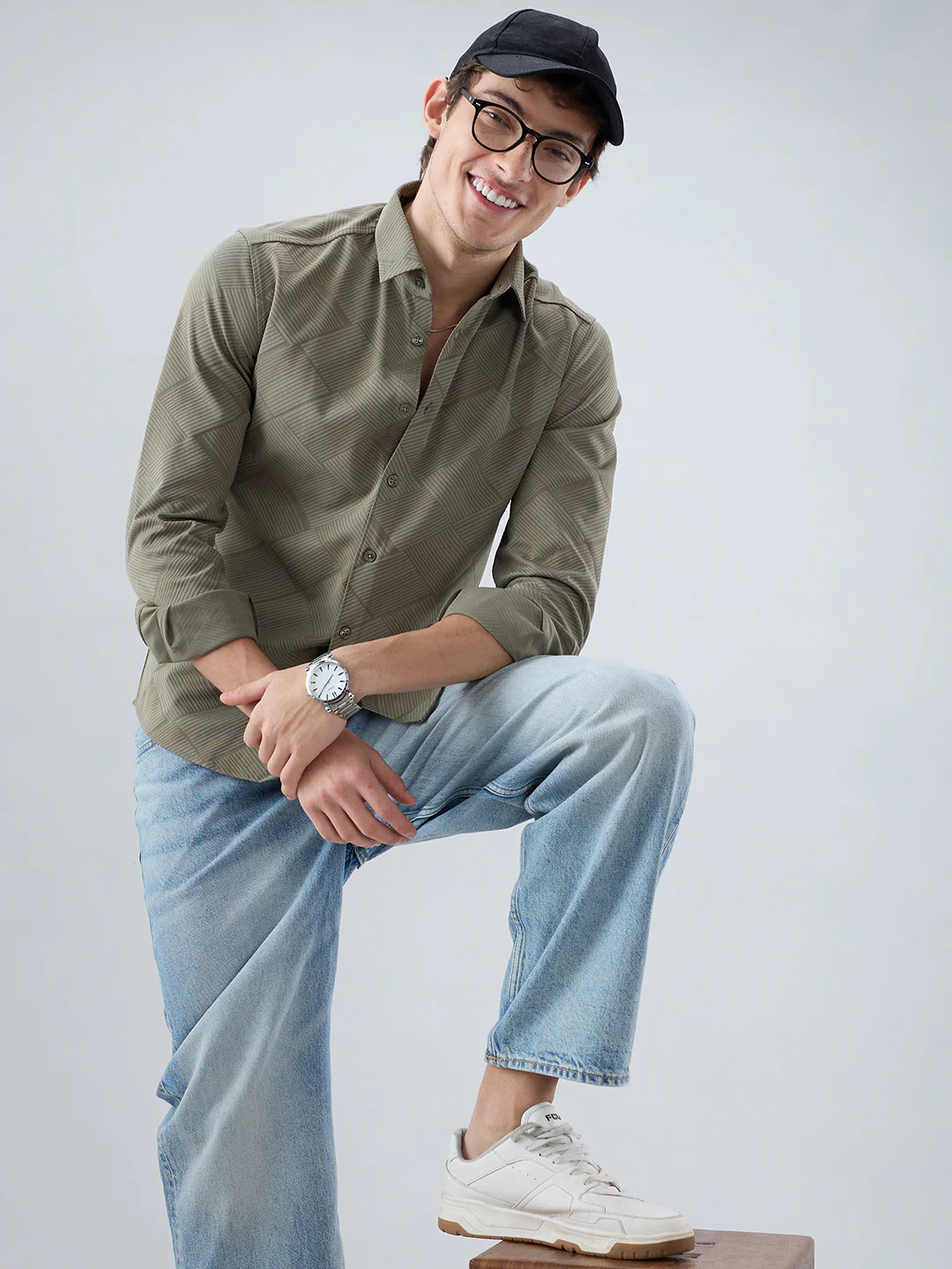 Intricate Olive Block Weave Knitted Shirt