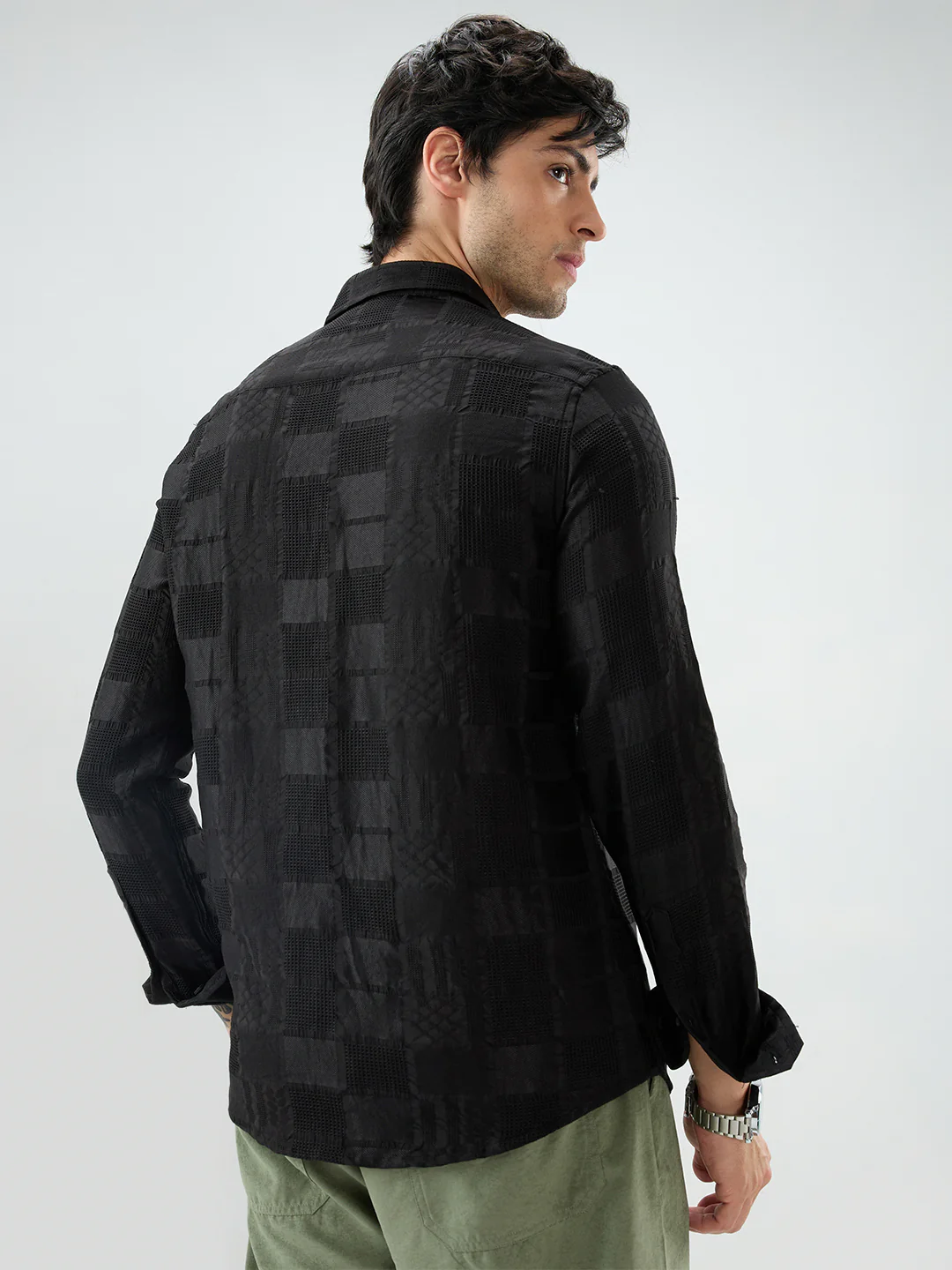 Jet Black Block Checks Motif Embossed Textured Shirt - Image 7