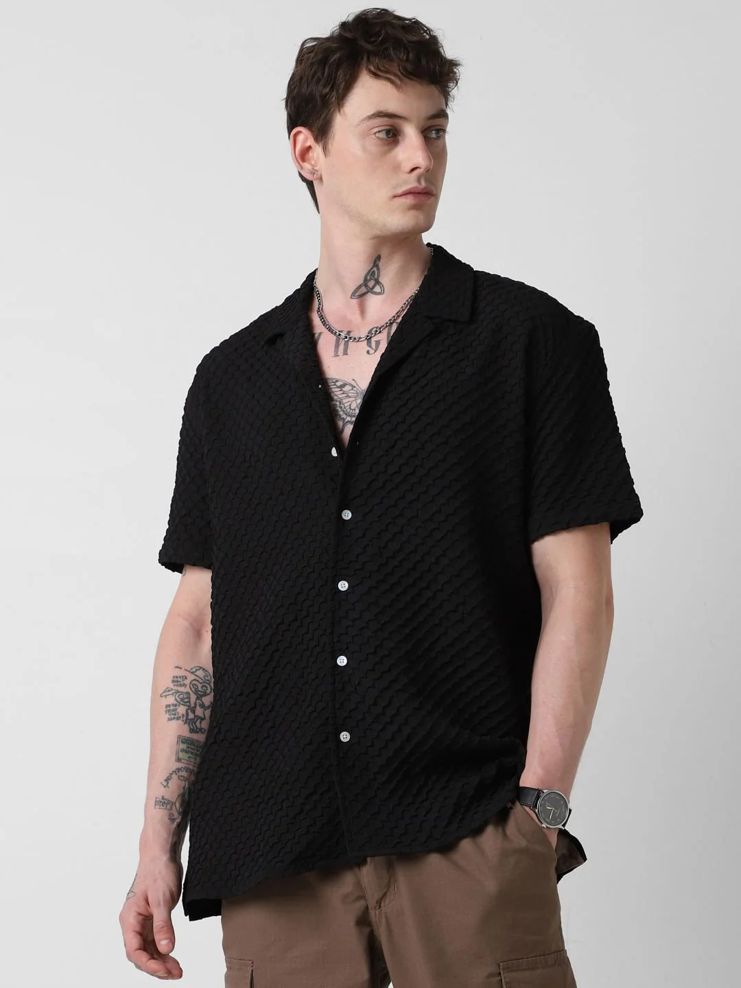 Jet Black Embossed Patterned Oversized Shirt - Image 4