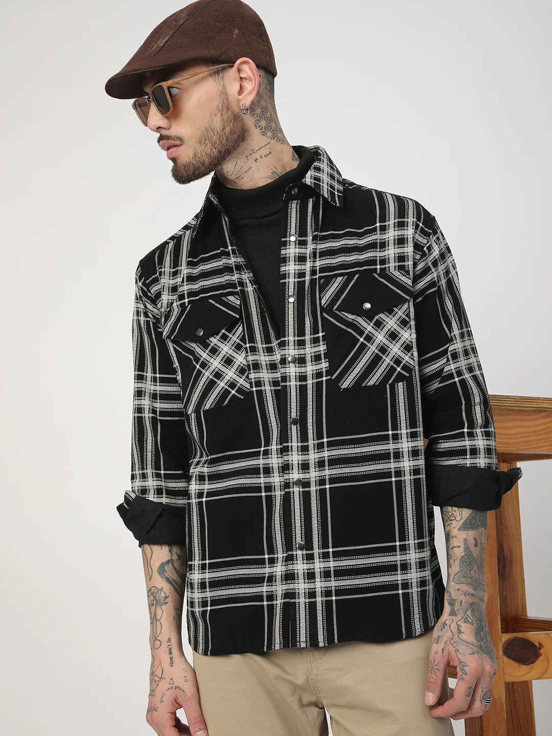 Jet Black & White Checkered Double Pocket Corduroy Overshirt - Image 2