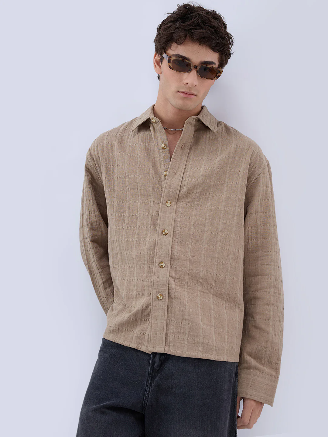 Khaki Grid Textured Double Cloth Seersucker Boxy Fit Crop Shirt