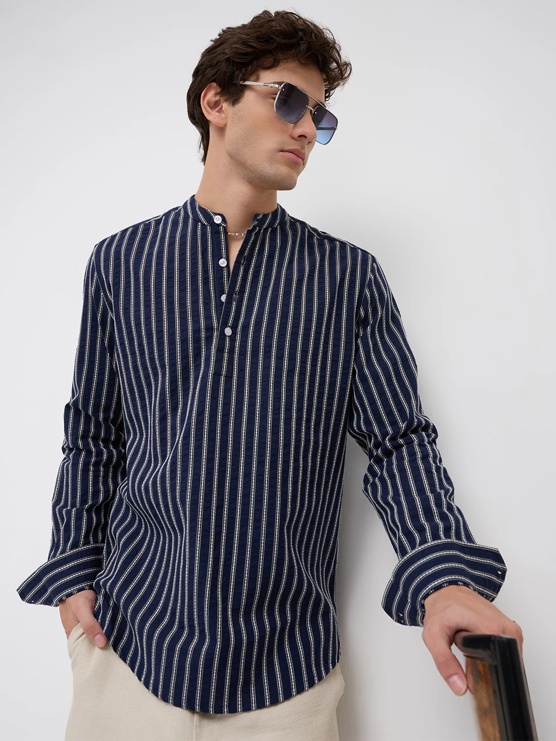 Luxe Coastal Navy Motif Seersucker Embroidered Striped Kurta