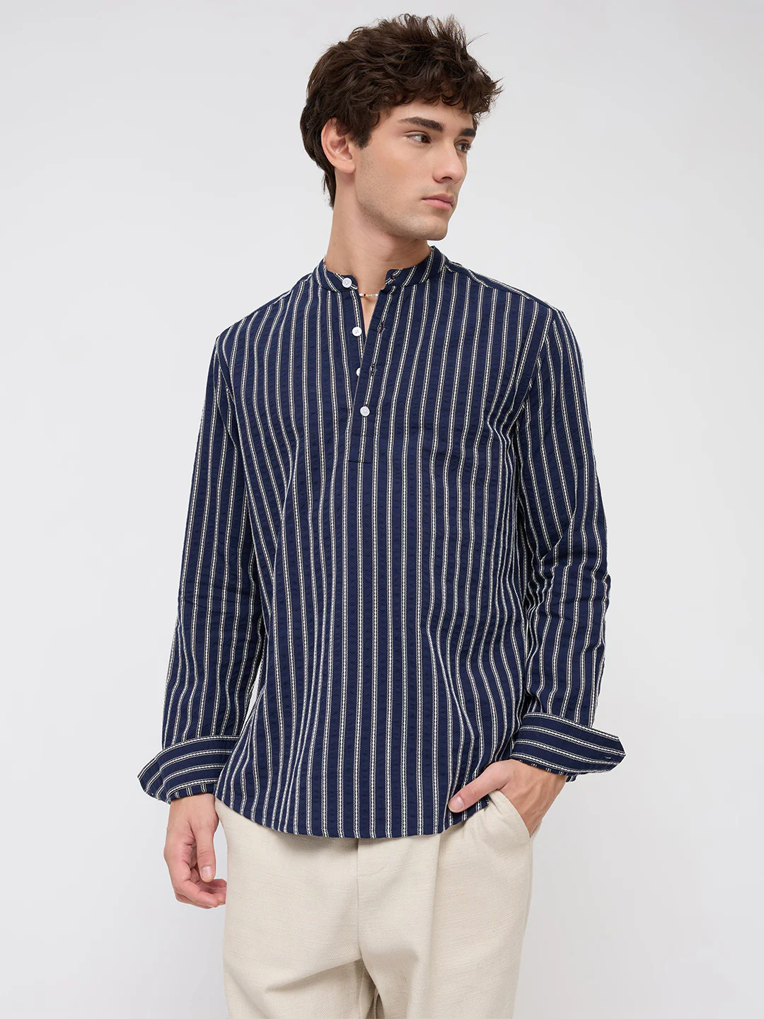 Luxe Coastal Navy Motif Seersucker Embroidered Striped Kurta - Image 6