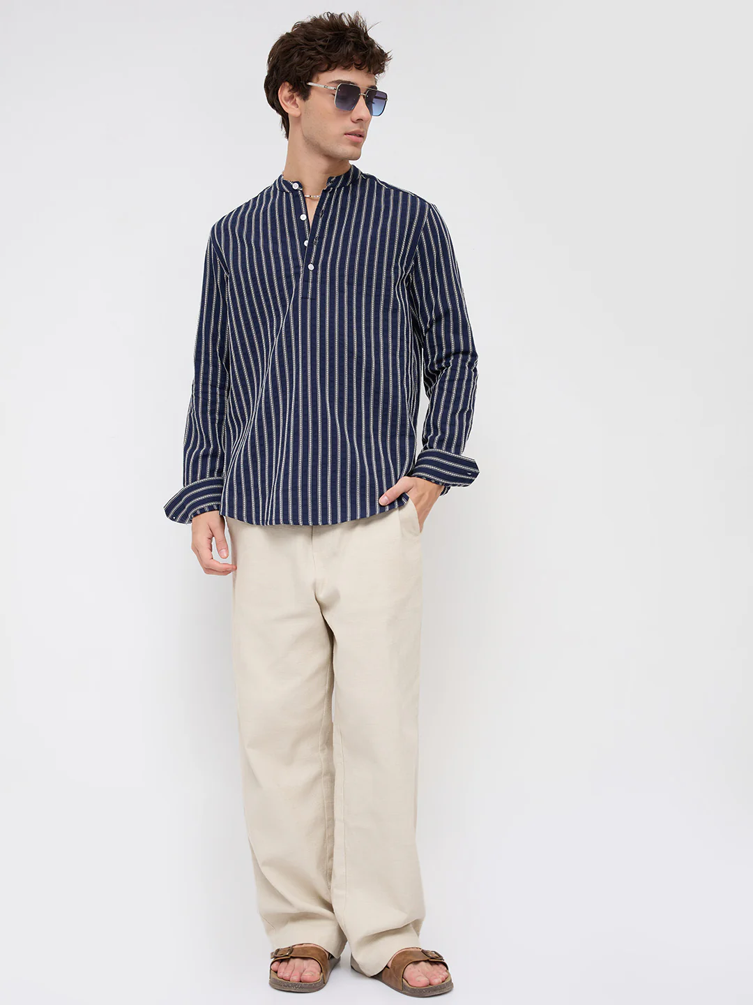 Luxe Coastal Navy Motif Seersucker Embroidered Striped Kurta - Image 8