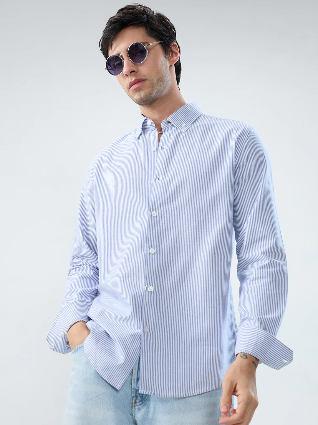 Marine Blue Pinstripe Button-Down Collar Shirt - Image 2