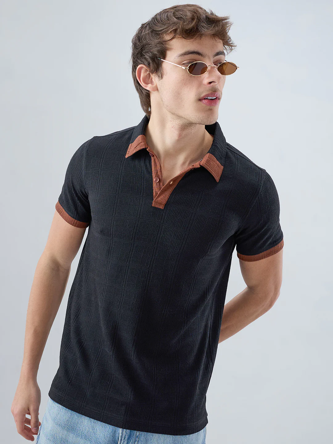 Matte Black Contrast Polo Neck Knit T-shirt - Image 2